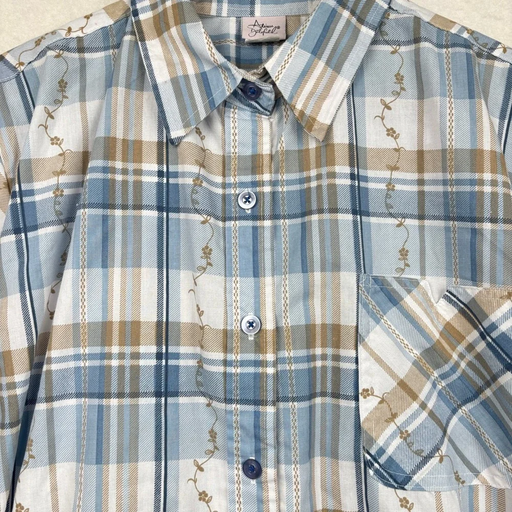 Adrian Delafield Shirt Womens L Plaid Floral Embroidered Button FrontCottagecore